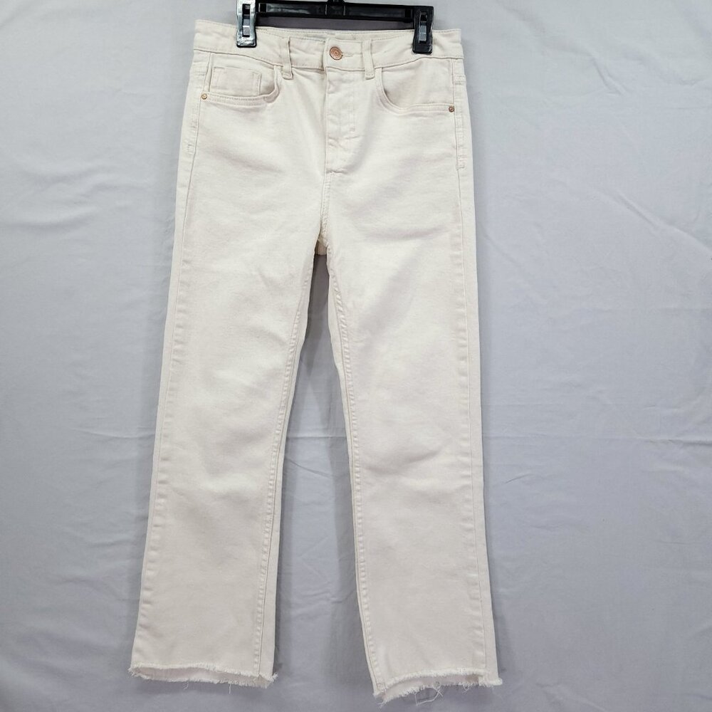 ZARA Jeans Straight Raw Hem Leg Mid-Rise Size 4 Stretch Minimalist Beige Denim